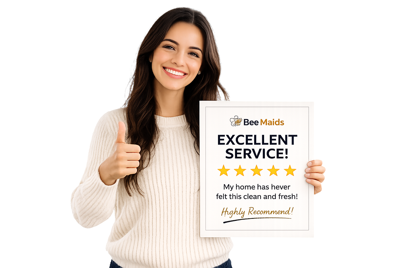 Happy BeeMaids client holding an excellent service review sign