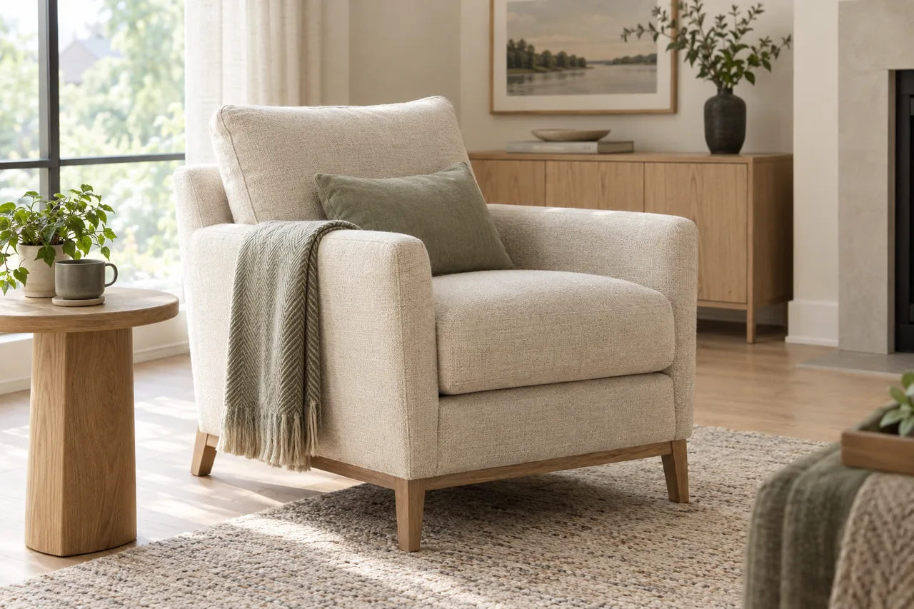 A cream upholstered chair and textured rug in a softly lit, uncluttered living space