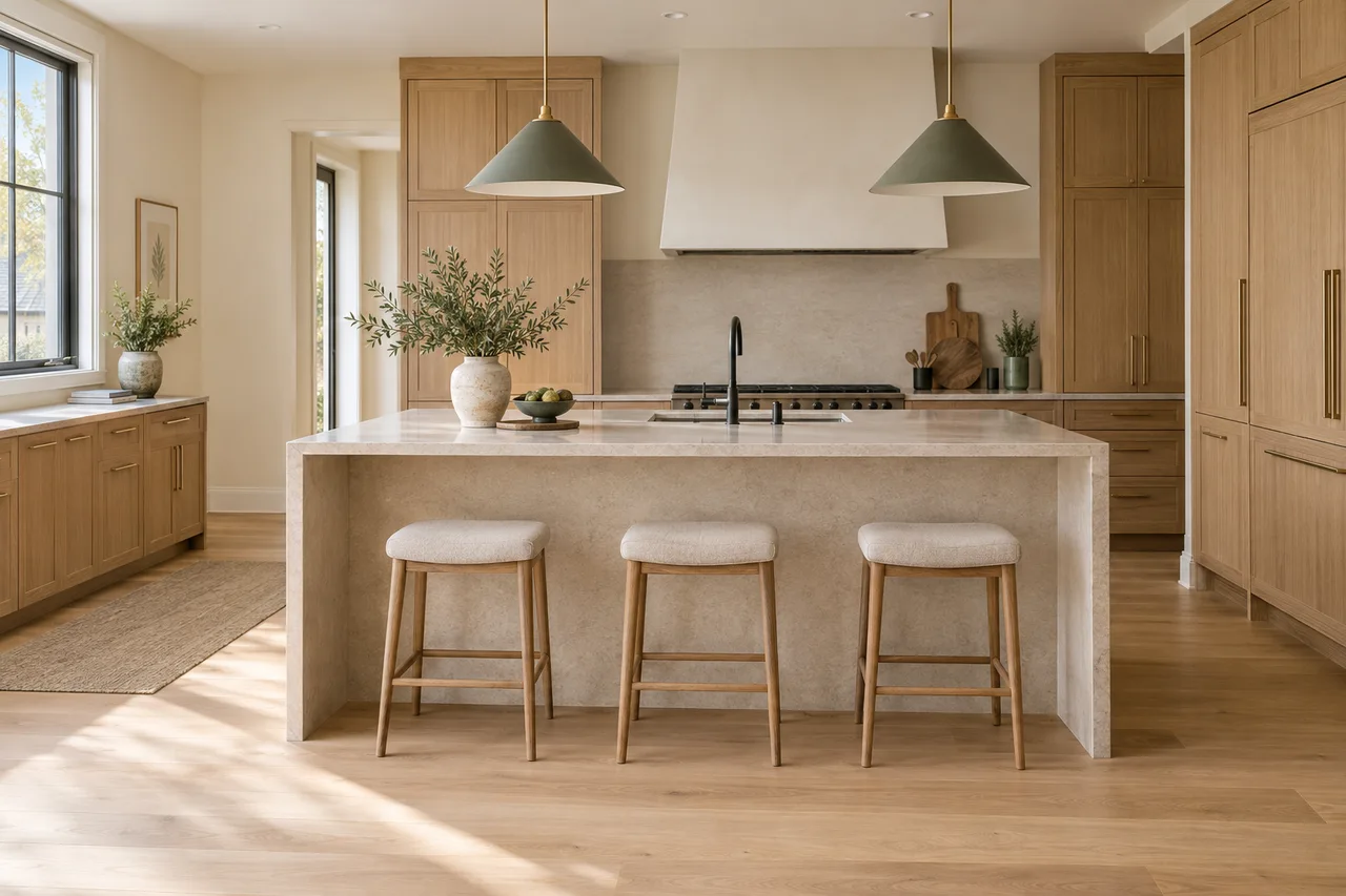 A completed renovation with clean oak joinery, pale stone and carefully finished surfaces