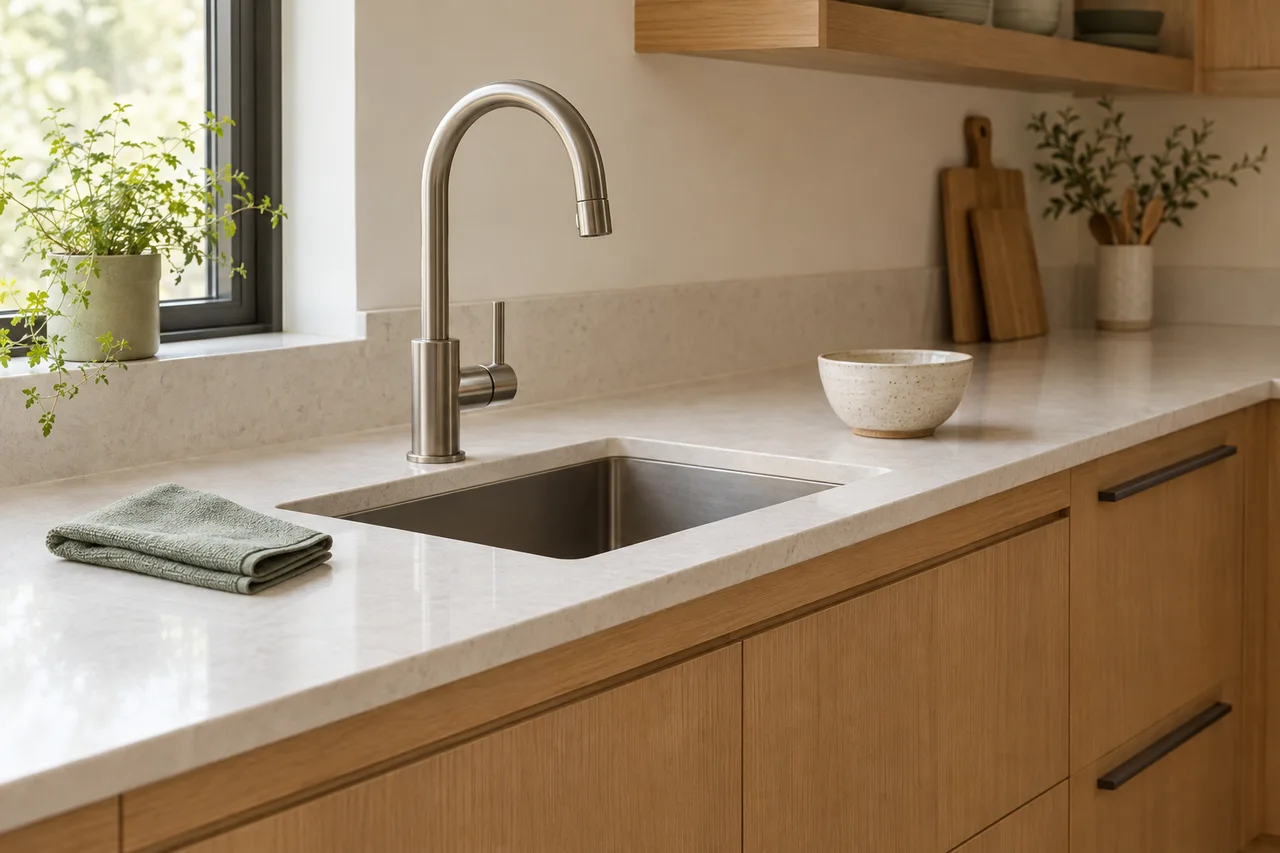 A freshly detailed kitchen with warm stone counters, an oak cabinet and clean fixtures