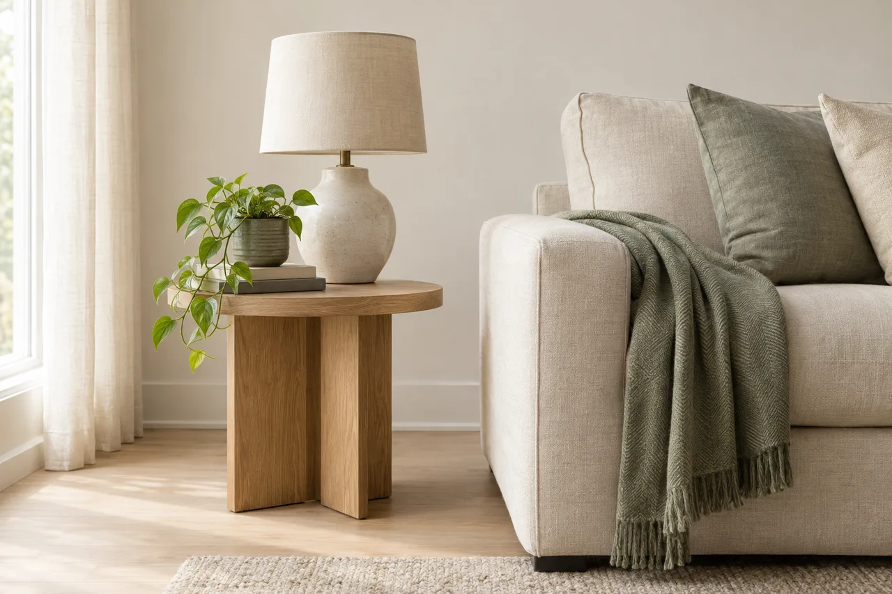 A cream linen sofa, oak table and neatly folded sage throw in a light living room