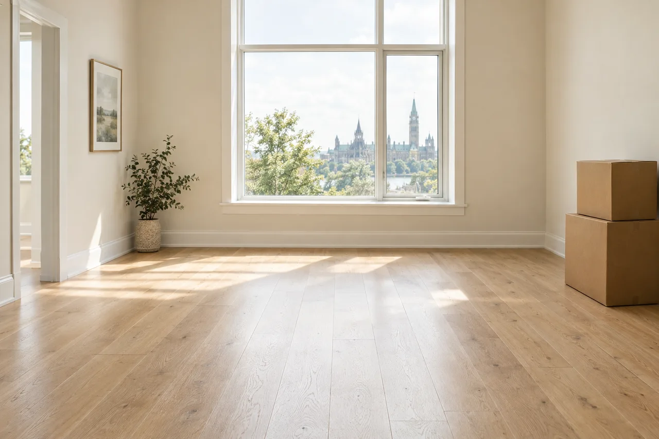 An empty, freshly cleaned room with oak flooring and a small stack of moving boxes