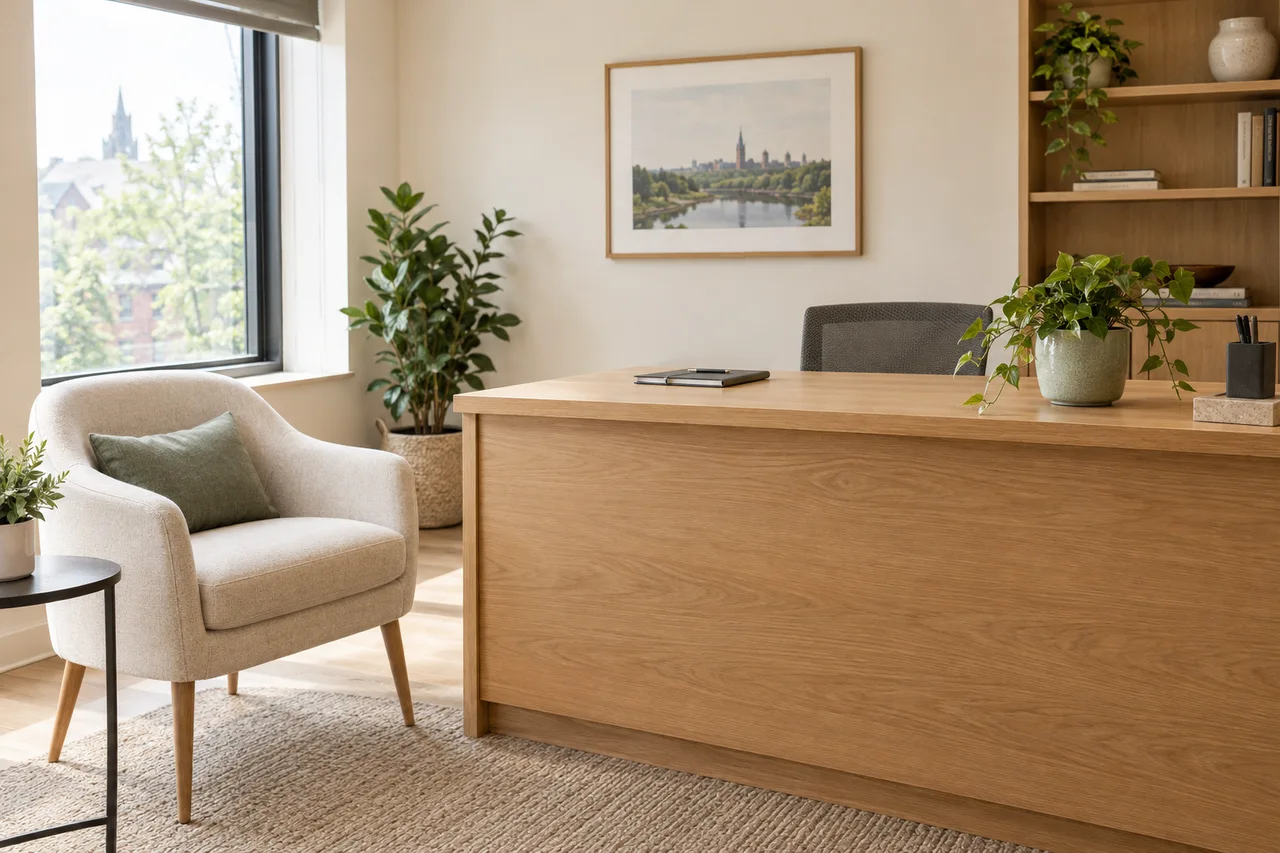 An orderly boutique office reception with warm oak furniture and clean, uncluttered surfaces