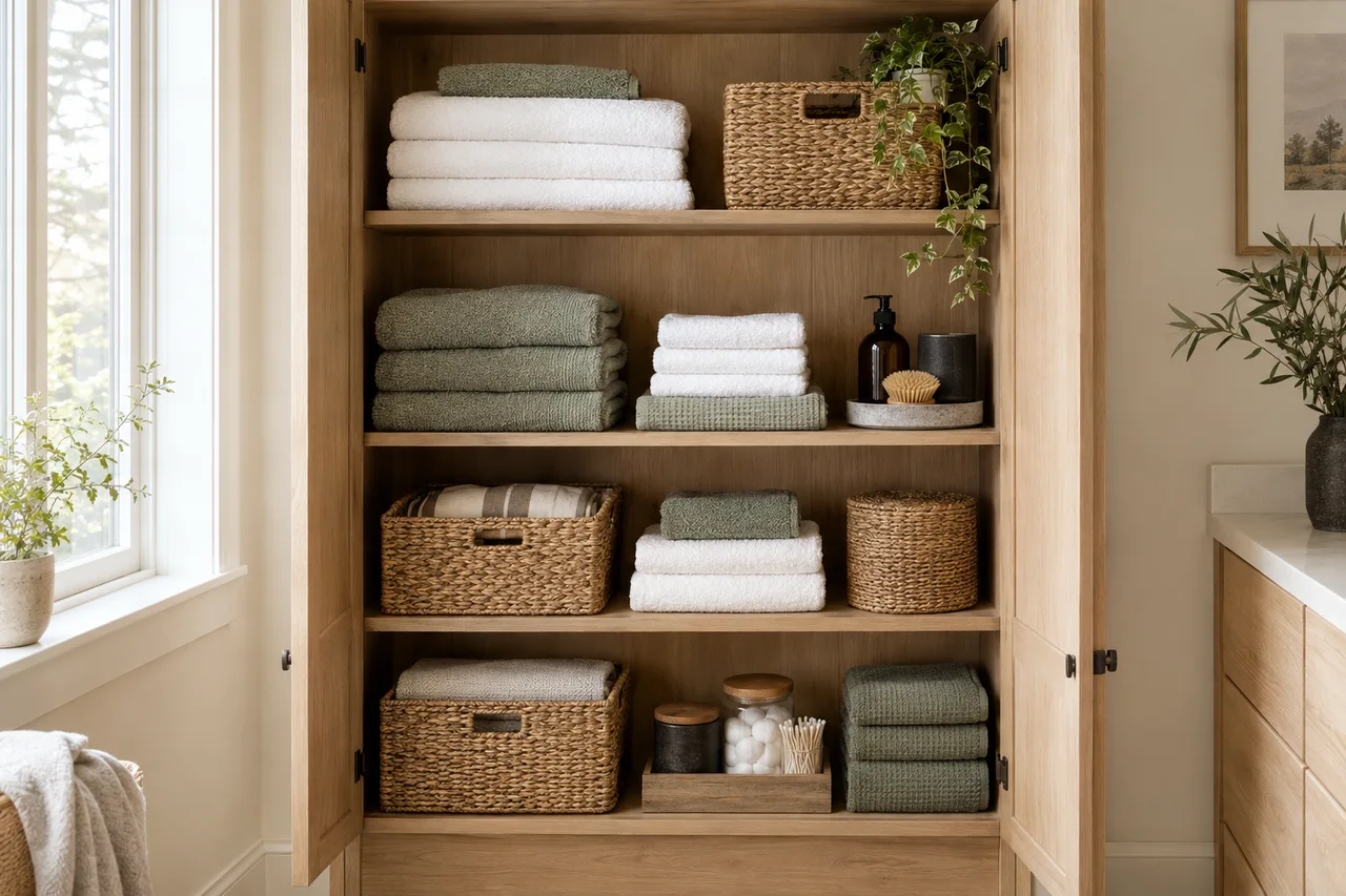 A thoughtfully arranged oak linen cupboard with folded towels and natural woven baskets
