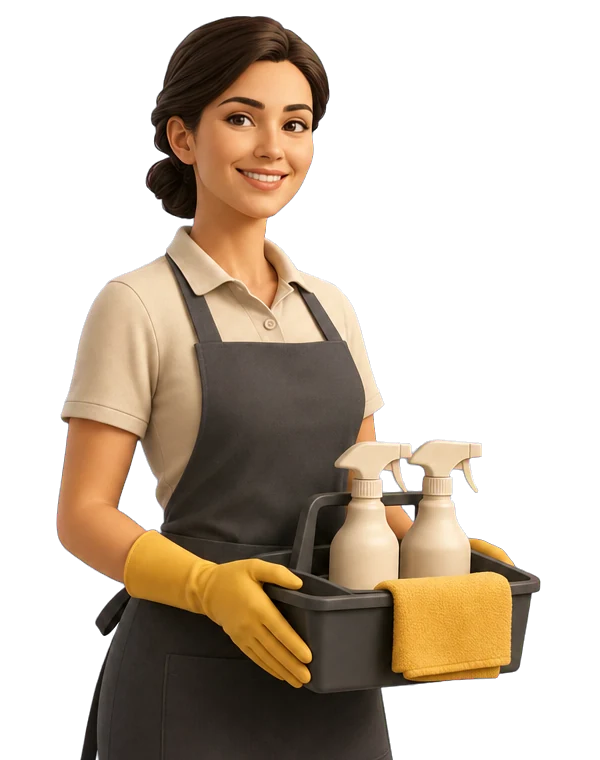Illustration of a smiling cleaner carrying a caddy of cleaning supplies