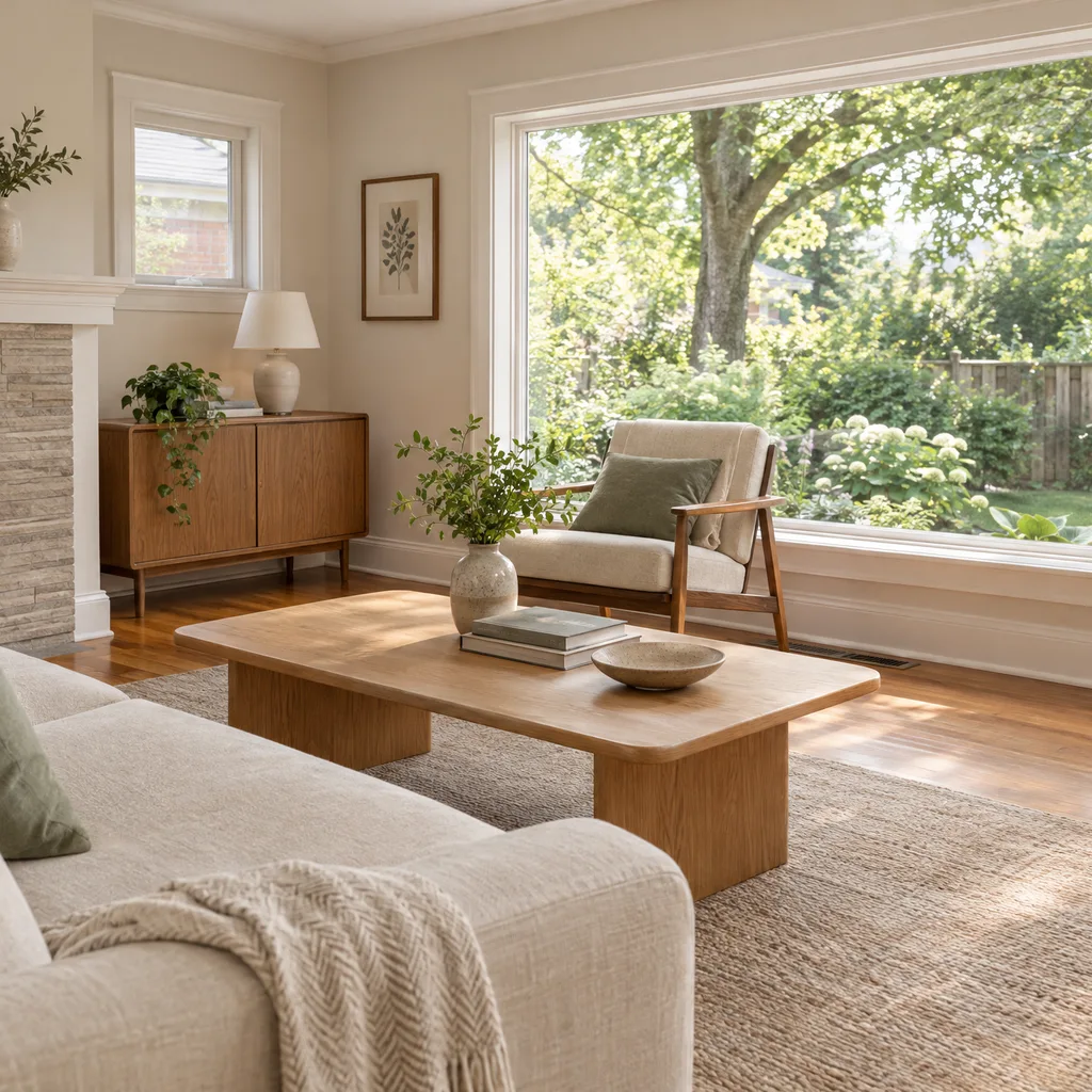 Established bungalow living room with hardwood floors, cream furnishings and mature garden light.