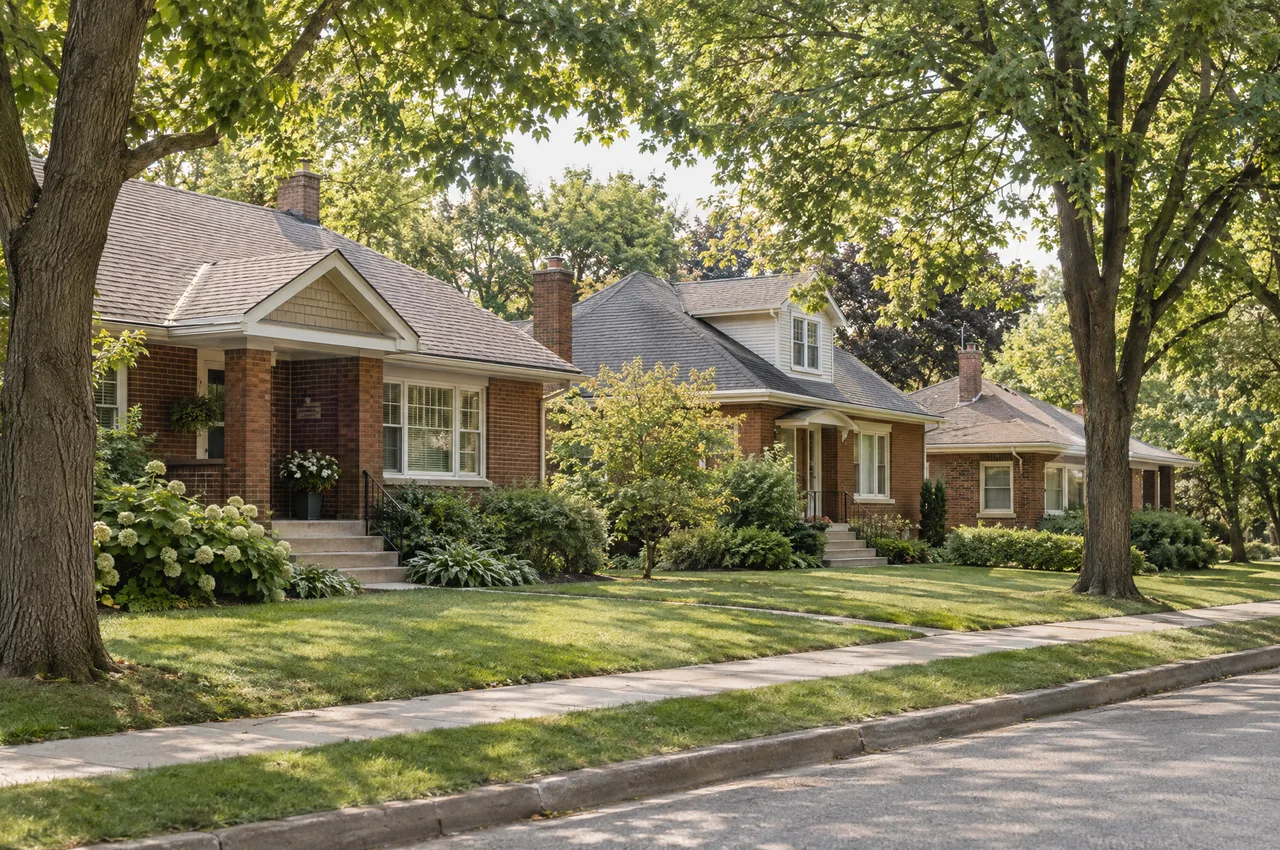 Illustrative Alta Vista-inspired brick bungalows on a quiet tree-lined residential street.