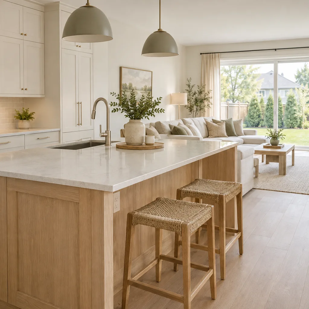 Clean open-plan family kitchen with an oak island and a bright adjoining living space.