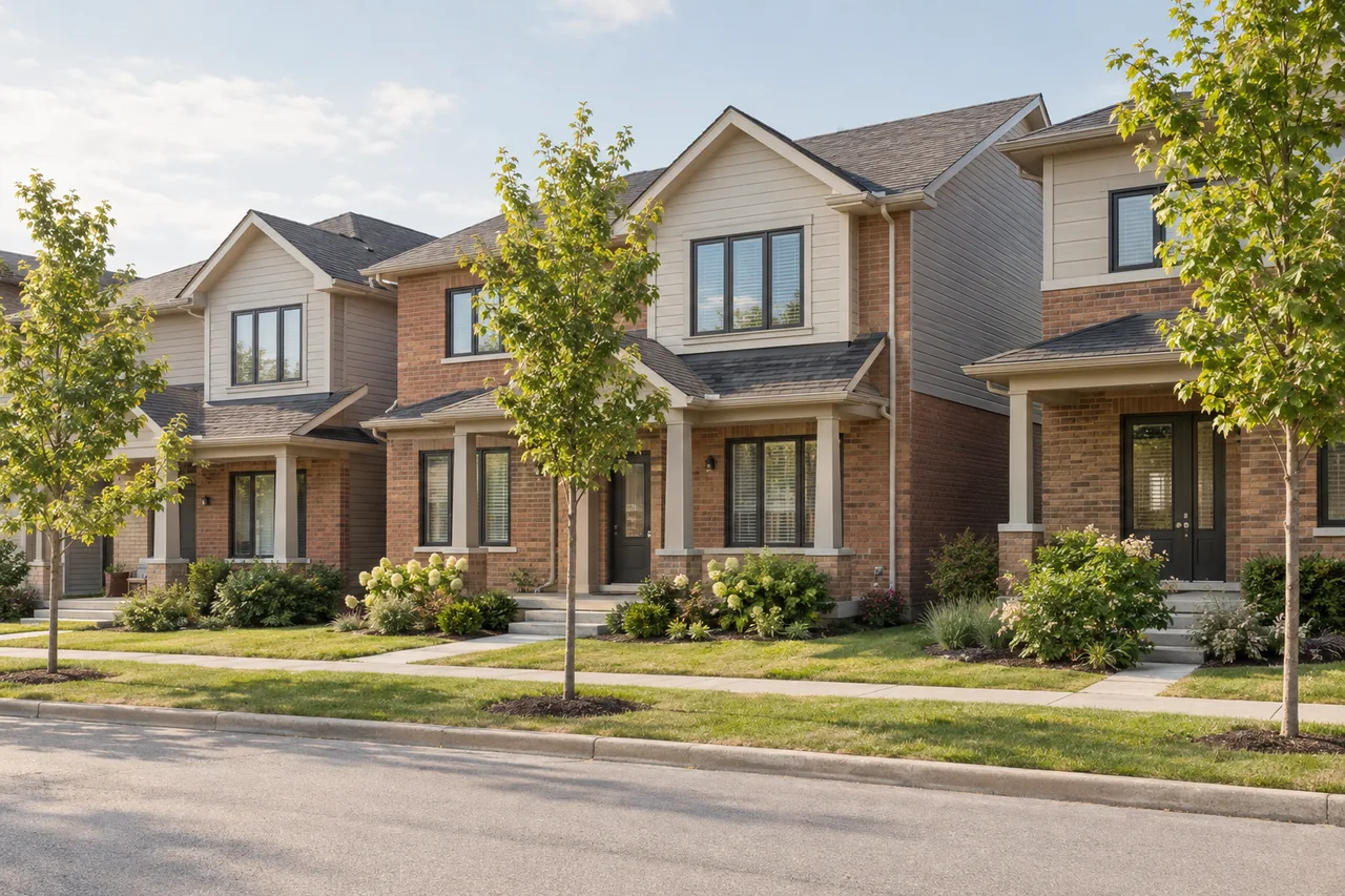 Illustrative Barrhaven-inspired brick townhomes with front gardens and young maples.