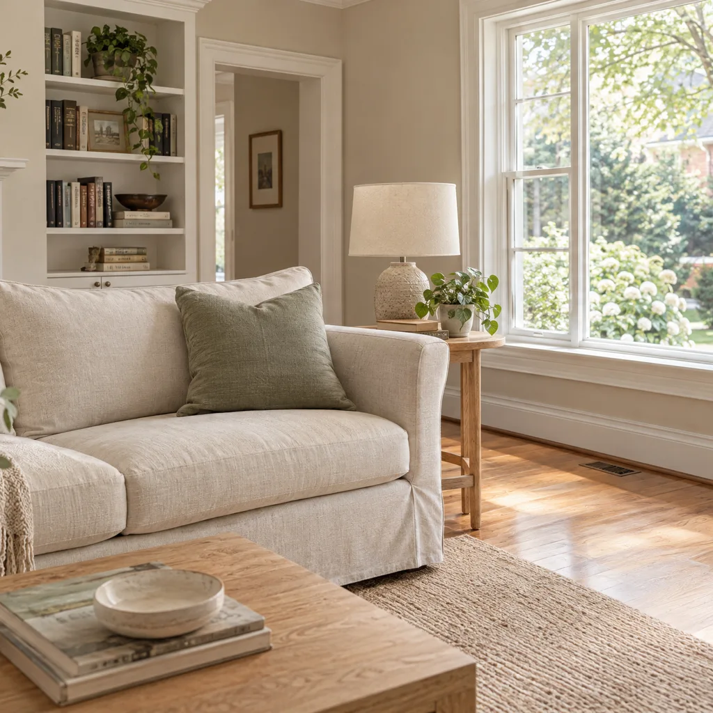 Comfortable family living room with warm hardwood, cream seating and soft afternoon light.