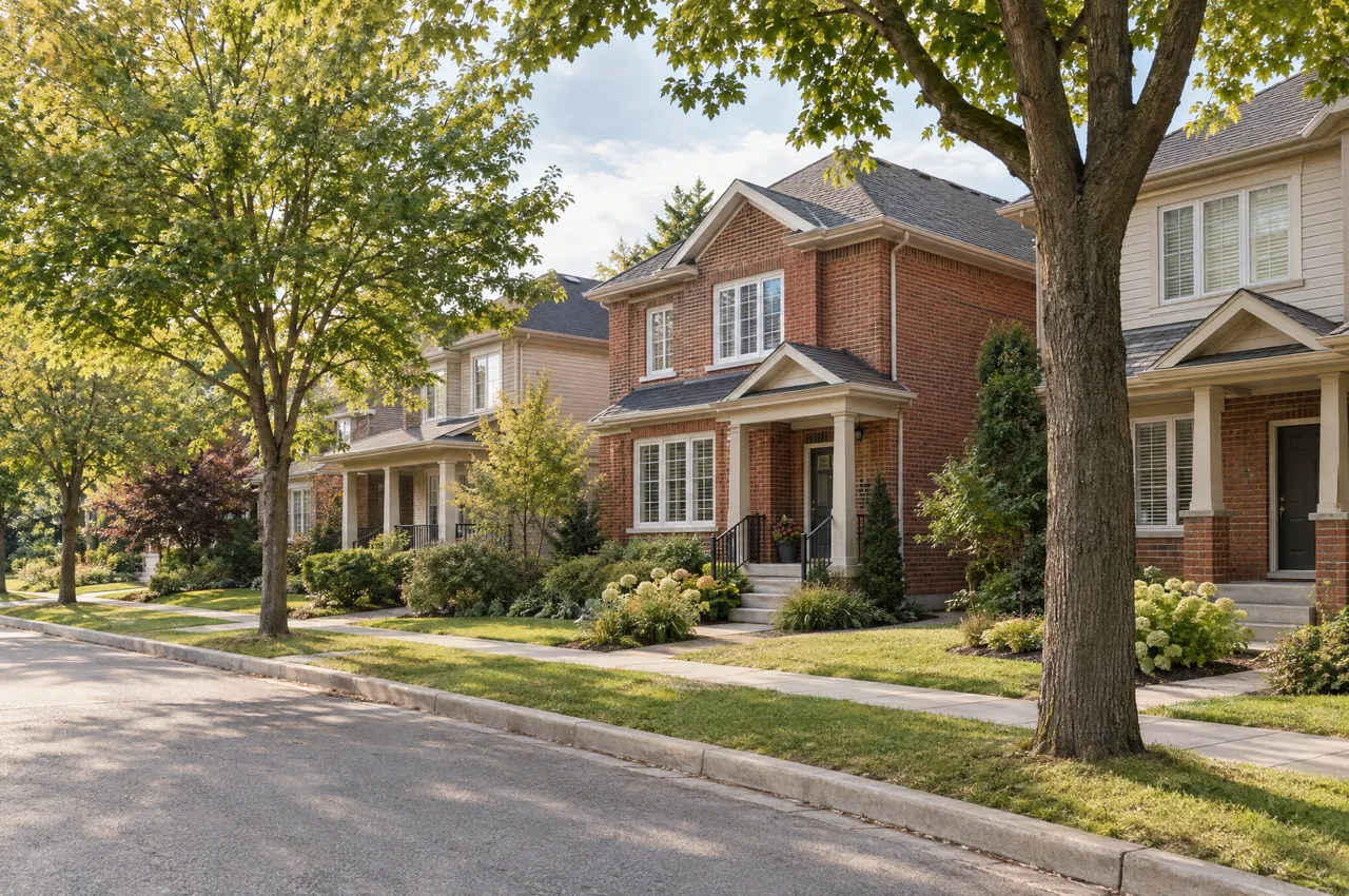 Illustrative Beacon Hill-inspired brick homes and townhouses on a leafy residential street.
