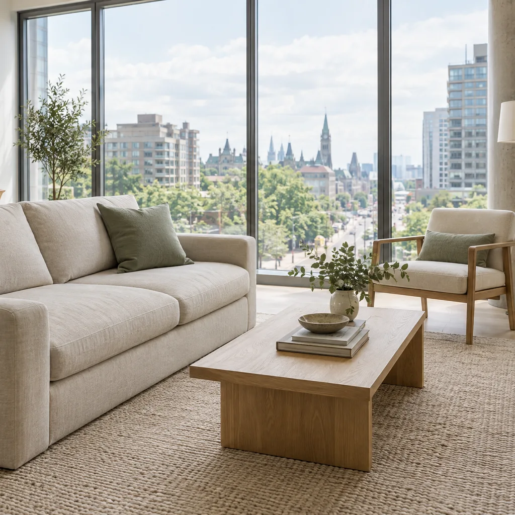 Modern downtown condo living area with oak floors, cream seating and soft city daylight.