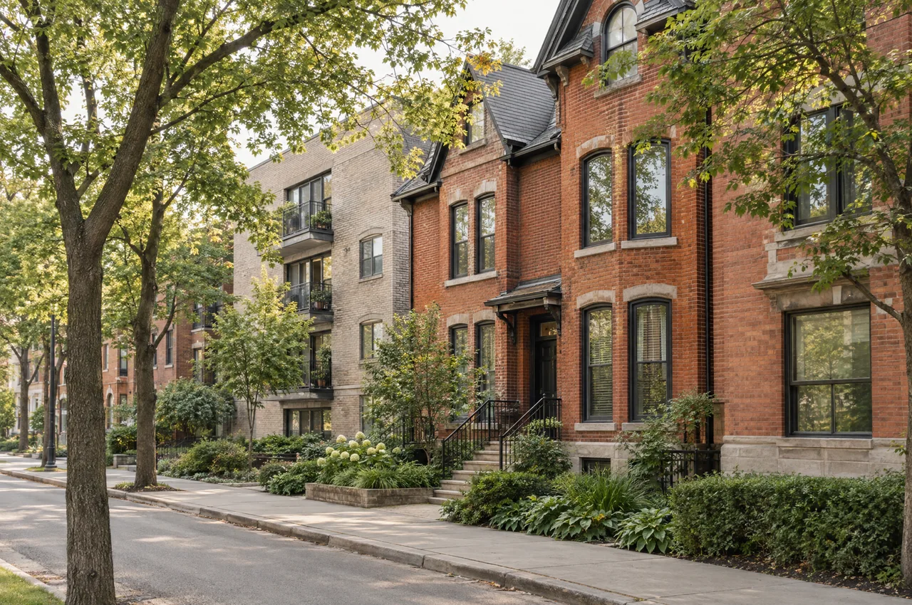 Illustrative Centretown-inspired brick homes and apartment buildings on a downtown residential street.