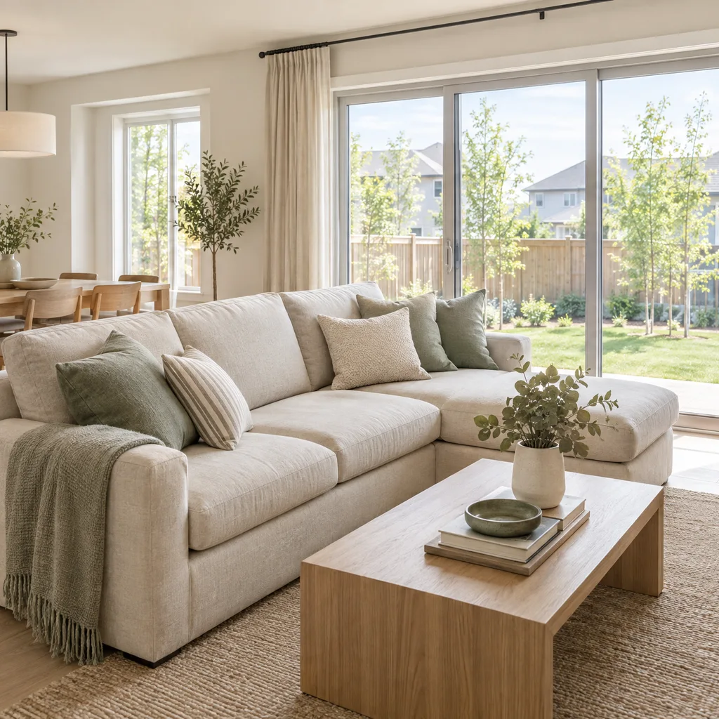 Bright family living room with oak floors, cream seating and soft daylight through patio doors.