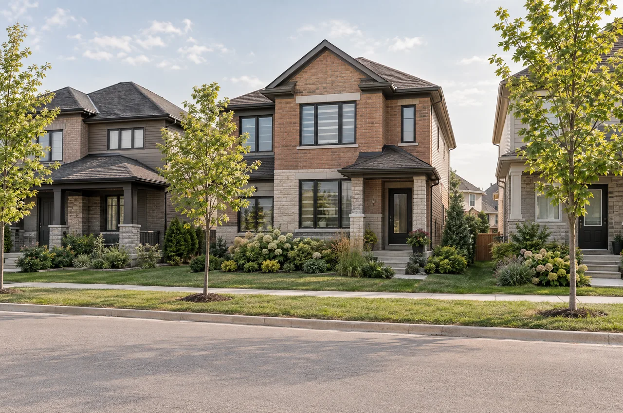 Illustrative Findlay Creek-inspired family homes with front gardens and young street trees.