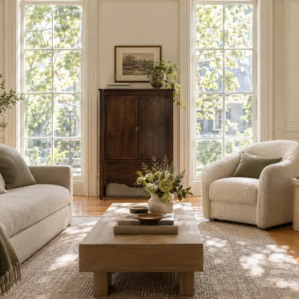 Heritage-inspired sitting room with maple floors, tall windows and soft cream furnishings.