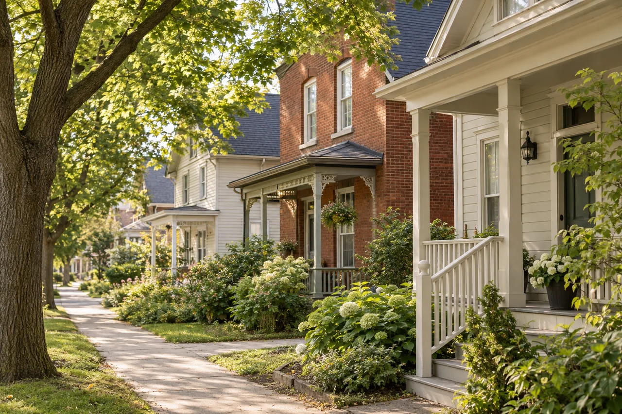 Illustrative Gatineau-inspired heritage homes with wooden porches and mature maples.