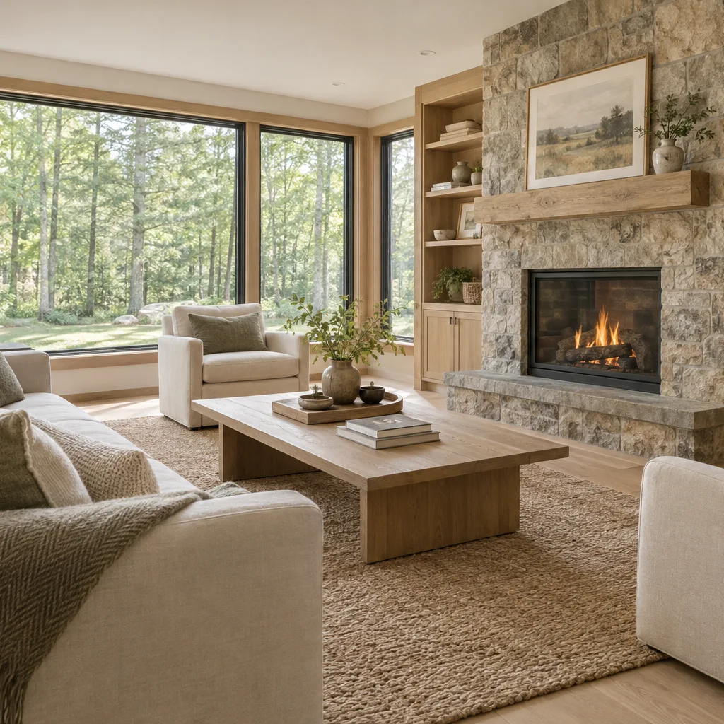 Spacious living room with a natural stone fireplace and windows overlooking woodland.