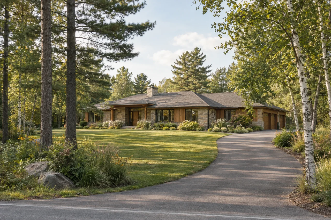 Illustrative Greely-inspired stone home on a spacious wooded residential lot.