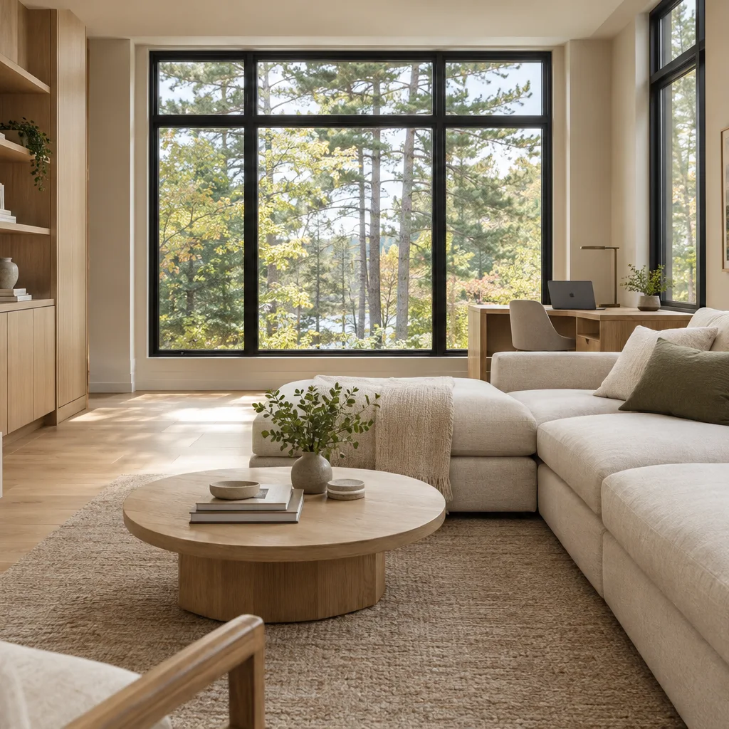Modern living room with a limestone fireplace, oak cabinetry and views of mature trees.
