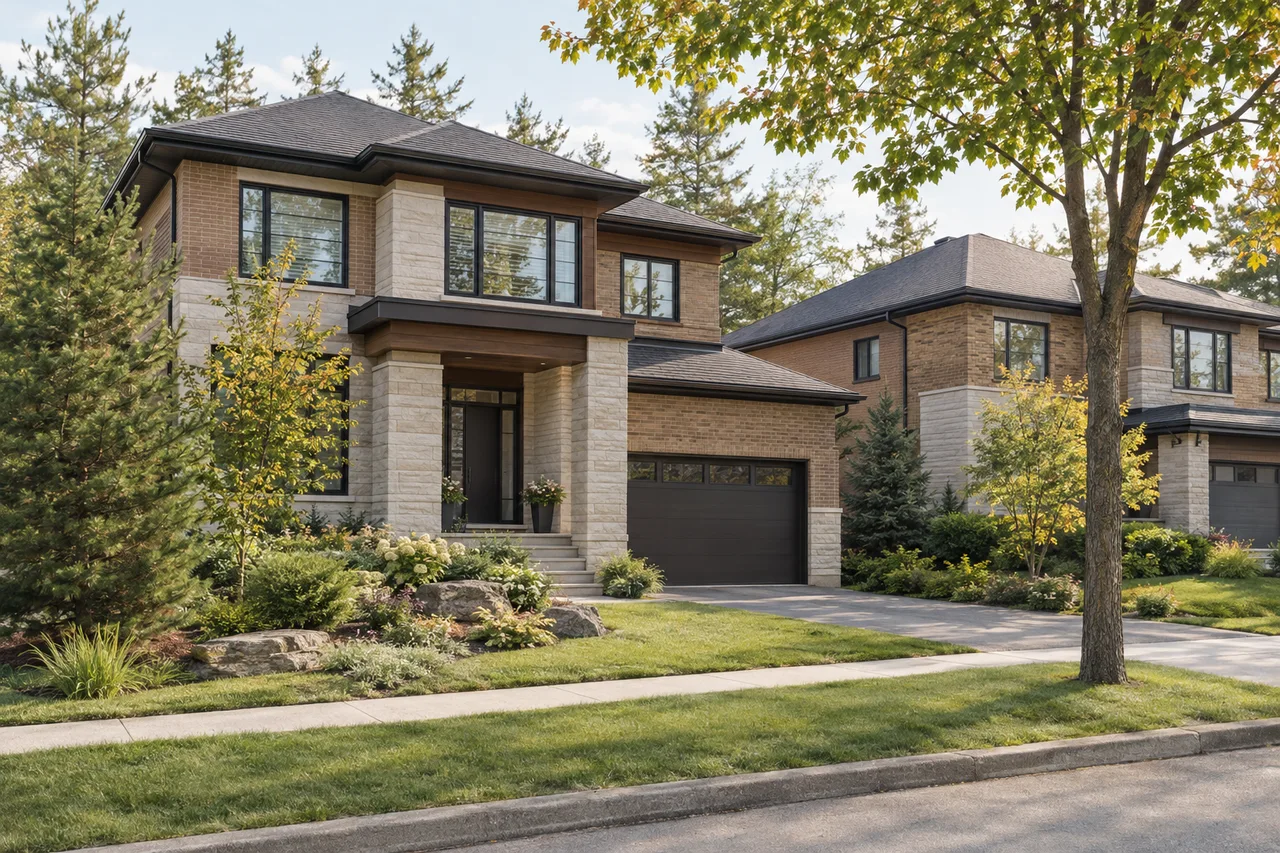 Illustrative Kanata-inspired stone-and-brick homes surrounded by pines and maples.