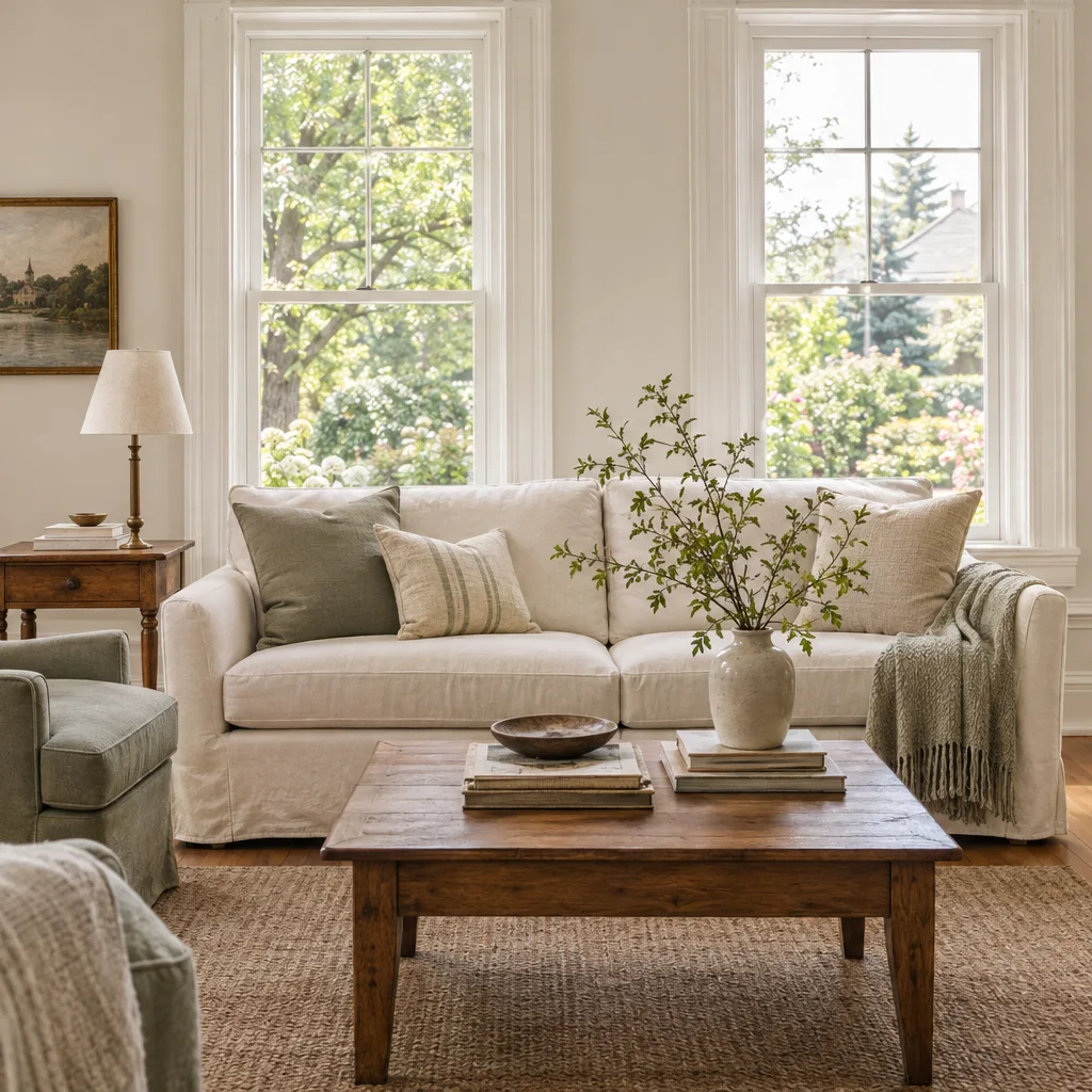 Village-style sitting room with traditional window trim, linen seating and warm oak floors.