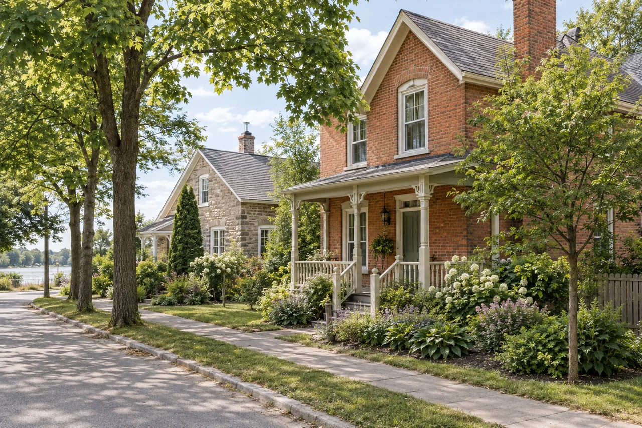 Illustrative Manotick-inspired village homes with porches and mature cottage gardens.