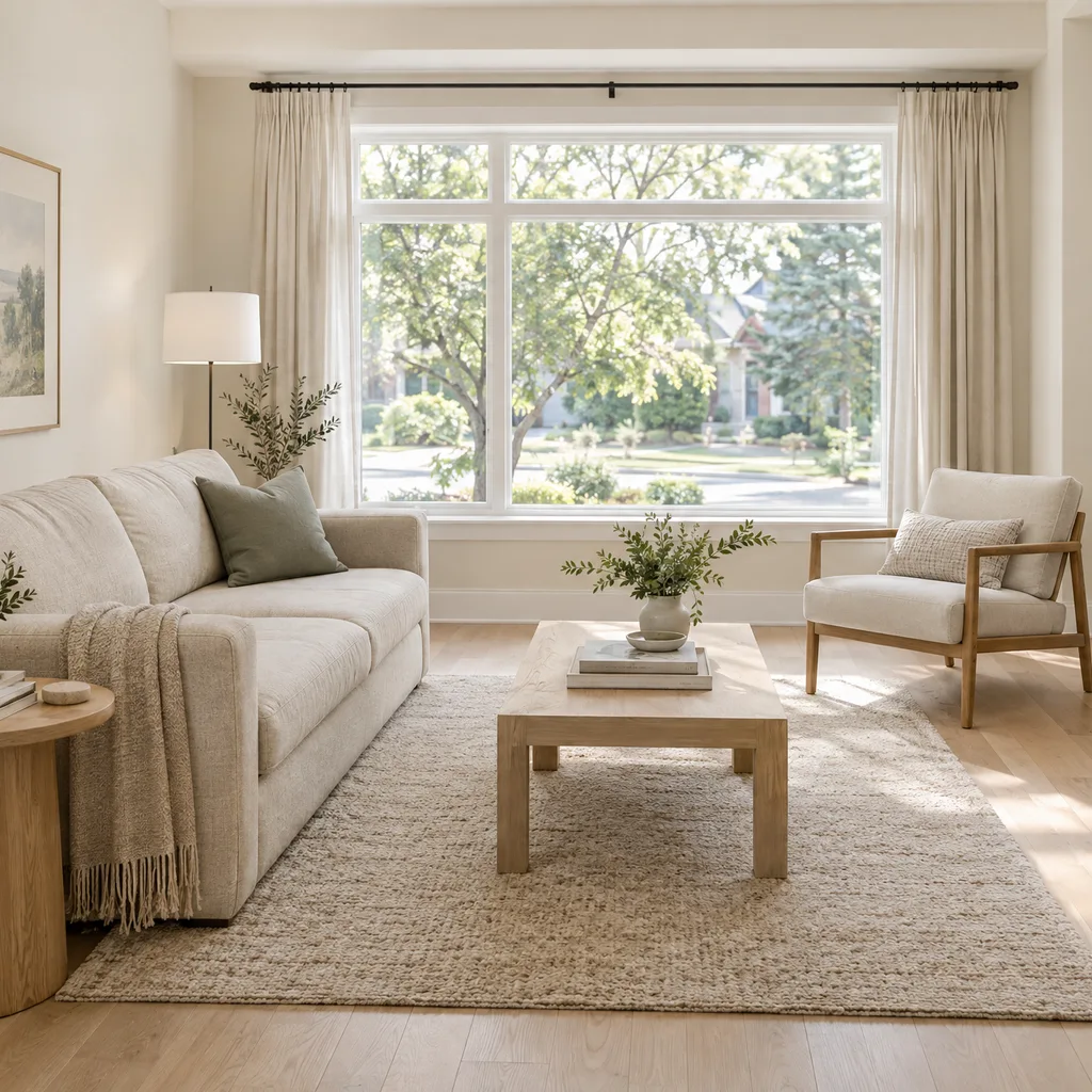 Bright townhouse living room with oak floors, linen seating and soft afternoon light.