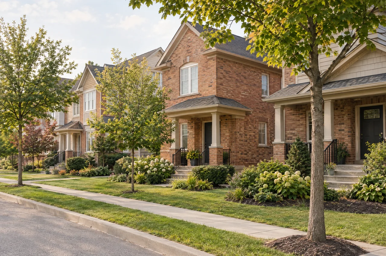 Illustrative Nepean-inspired brick homes and townhouses along a tree-lined residential street.