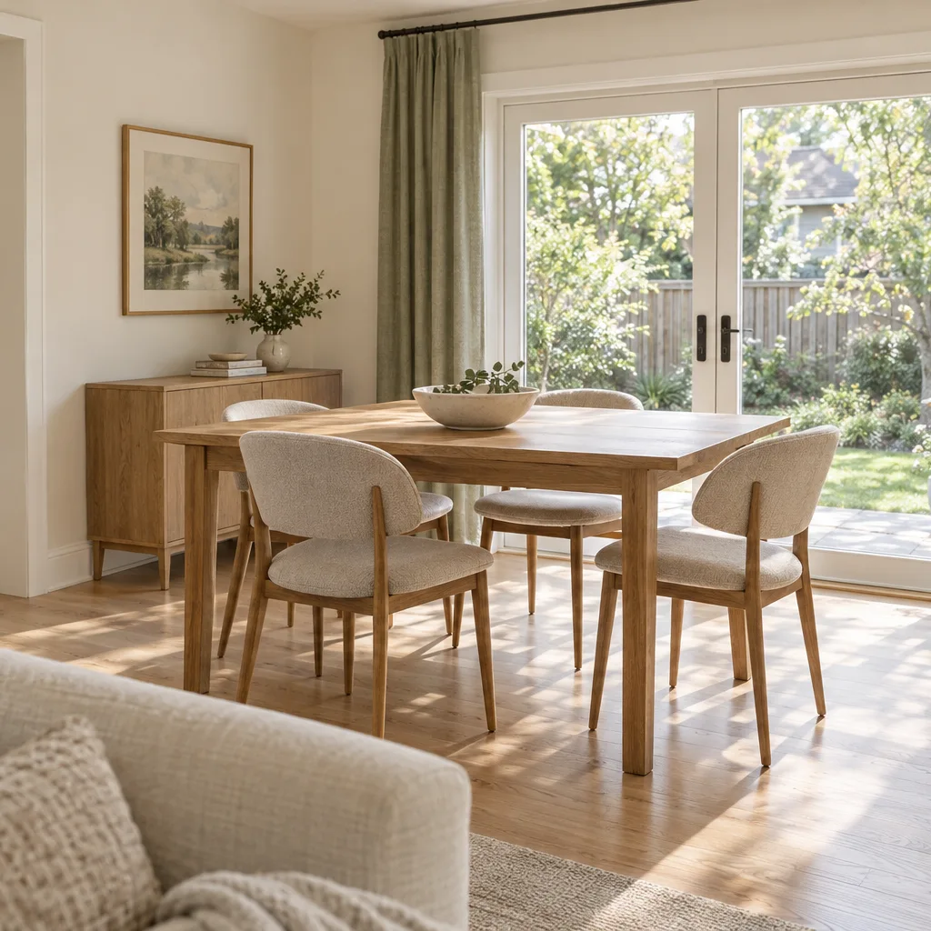 Sunny oak dining area with sage curtains and a view into a family garden.