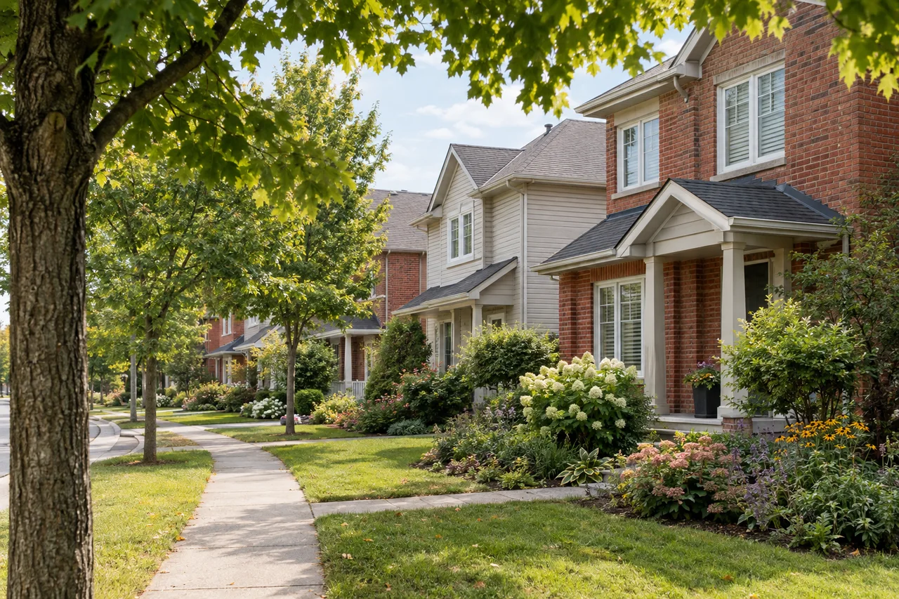Illustrative Orléans-inspired family homes along a leafy residential crescent.