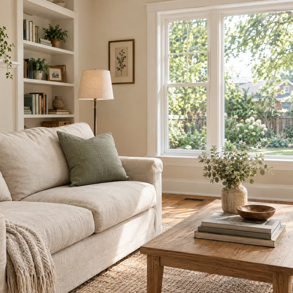 Bright family living room with oak floors, cream furnishings and soft village daylight.