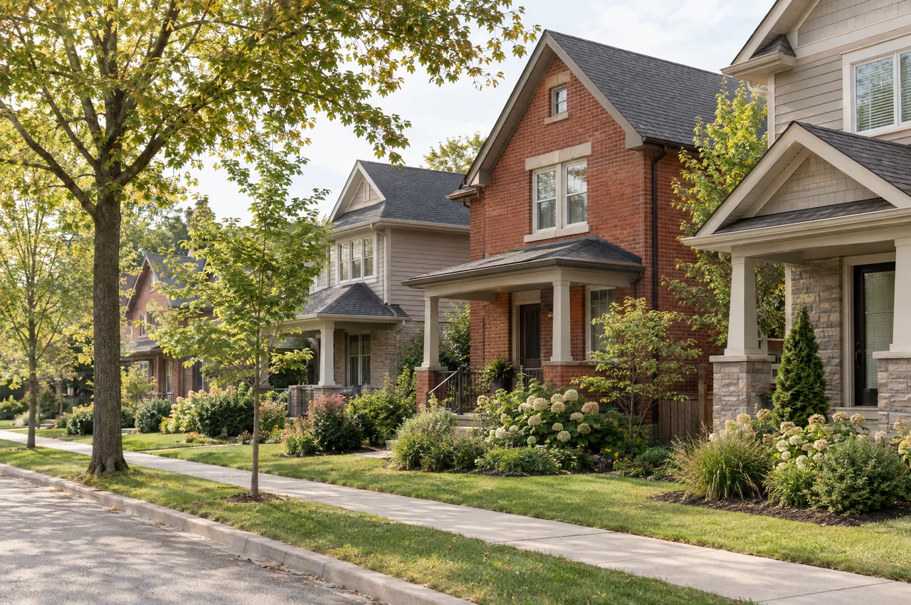 Illustrative Richmond-inspired village homes with front gardens on a quiet residential street.