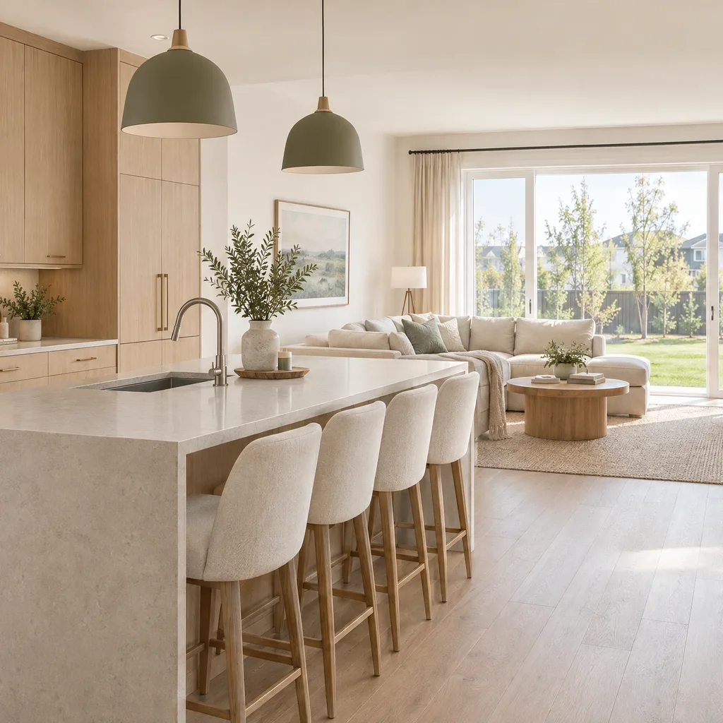 Modern open-plan family kitchen with pale oak cabinets and a sunny living area beyond.