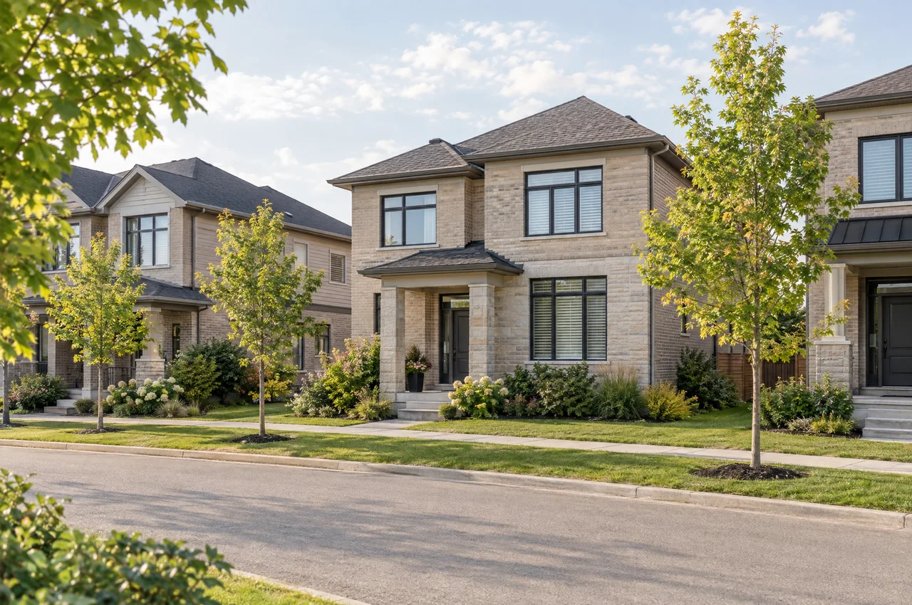 Illustrative Riverside South-inspired new family homes with front gardens and young trees.