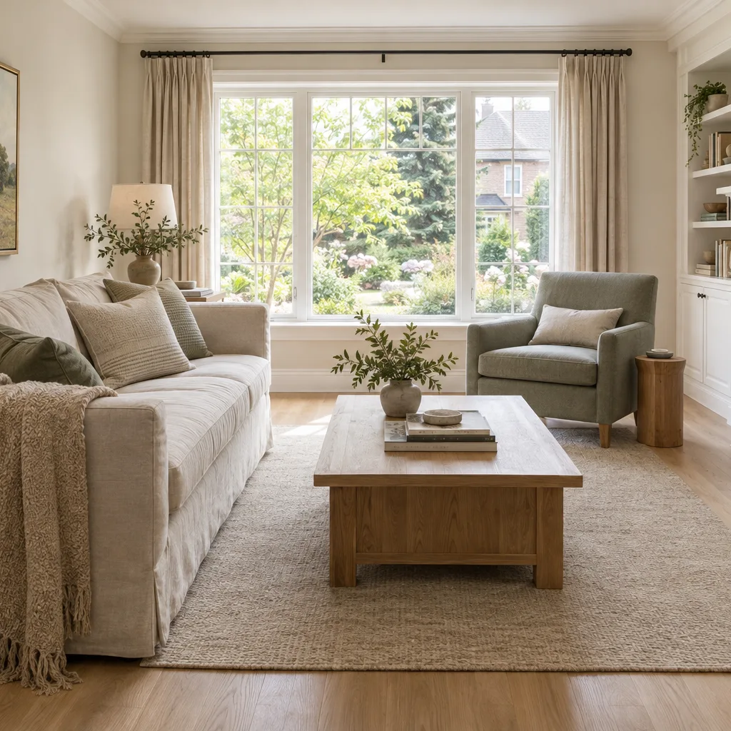 Light-filled family living room with oak floors, linen seating and a leafy garden view.