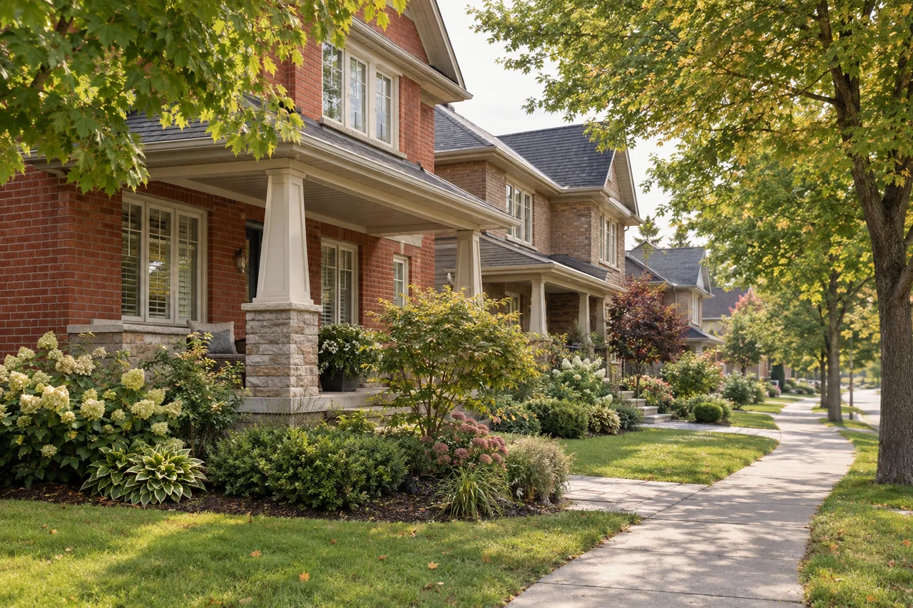 Illustrative Stittsville-inspired brick homes, front gardens and a tree-lined sidewalk.