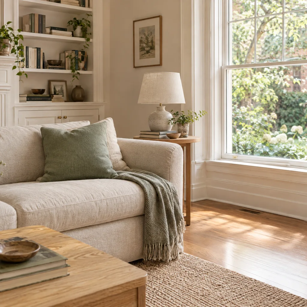 Character home living room with hardwood floors, cream furnishings and classic white trim.
