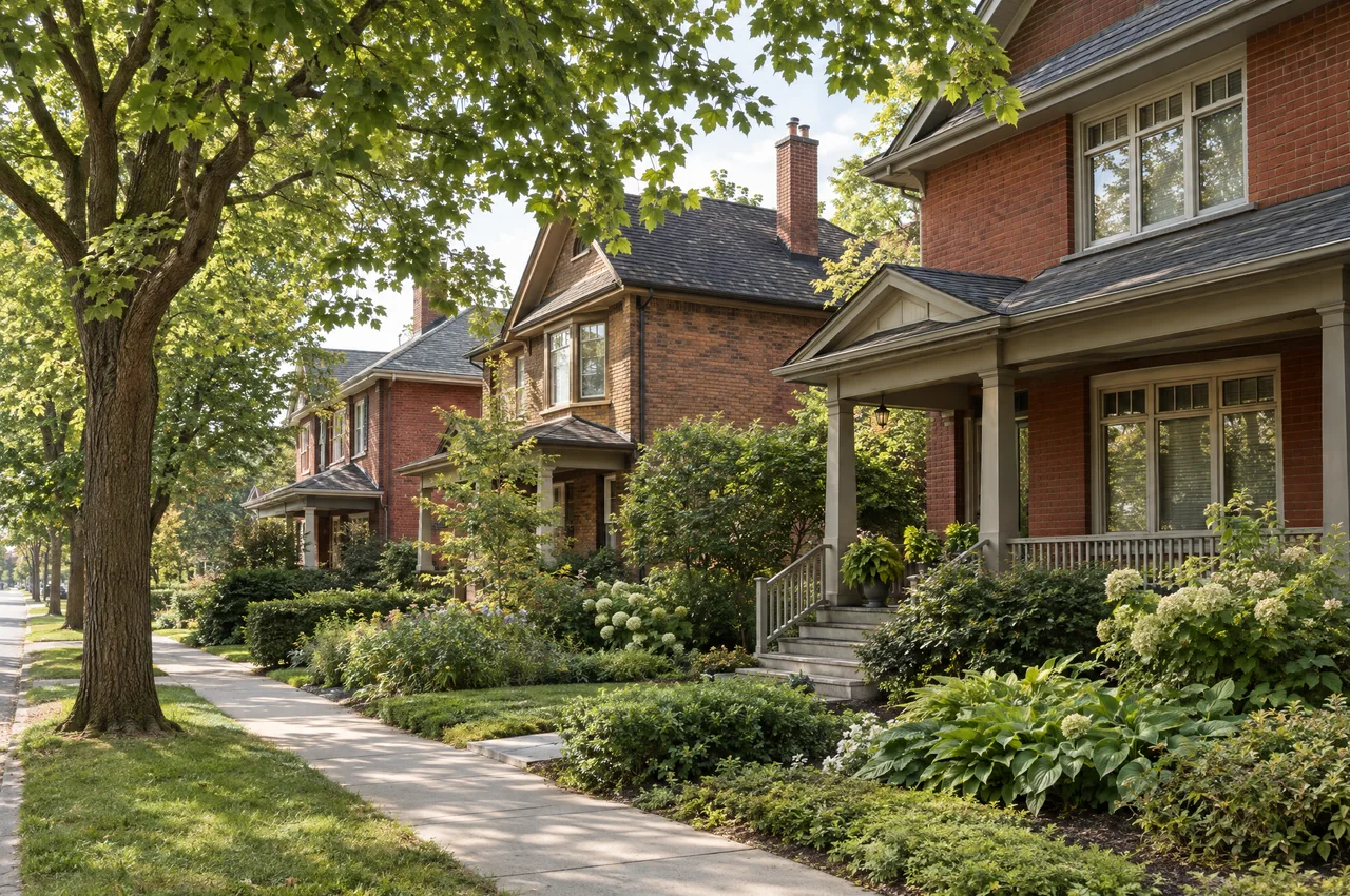 Illustrative Glebe-inspired brick character homes on a tree-lined residential avenue.