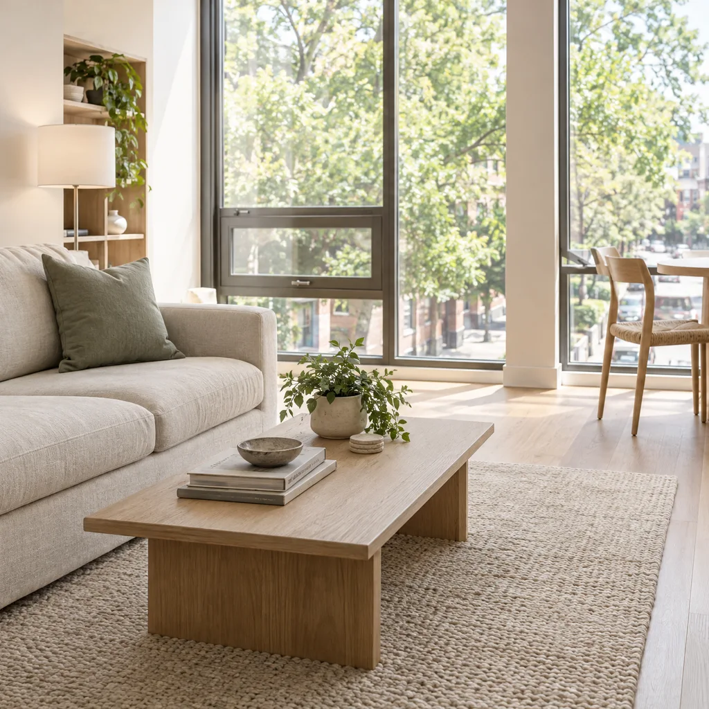 Bright condo living space with oak floors, cream seating and soft urban daylight.